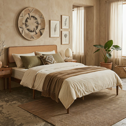 Wooden Boho Rattan Bed Frame