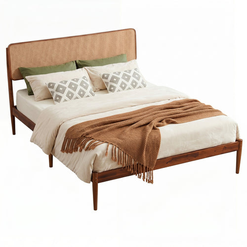 Wooden Boho Rattan Bed Frame