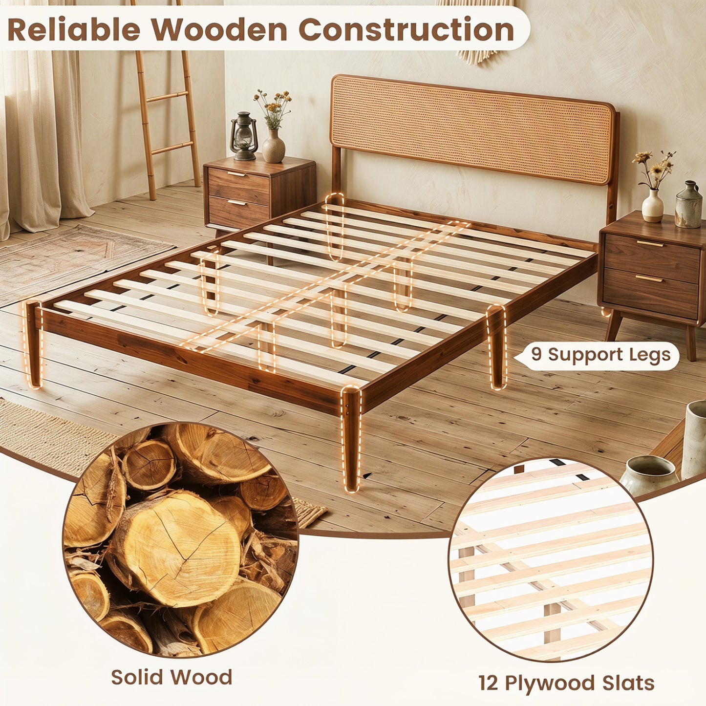 Wooden Boho Rattan Bed Frame