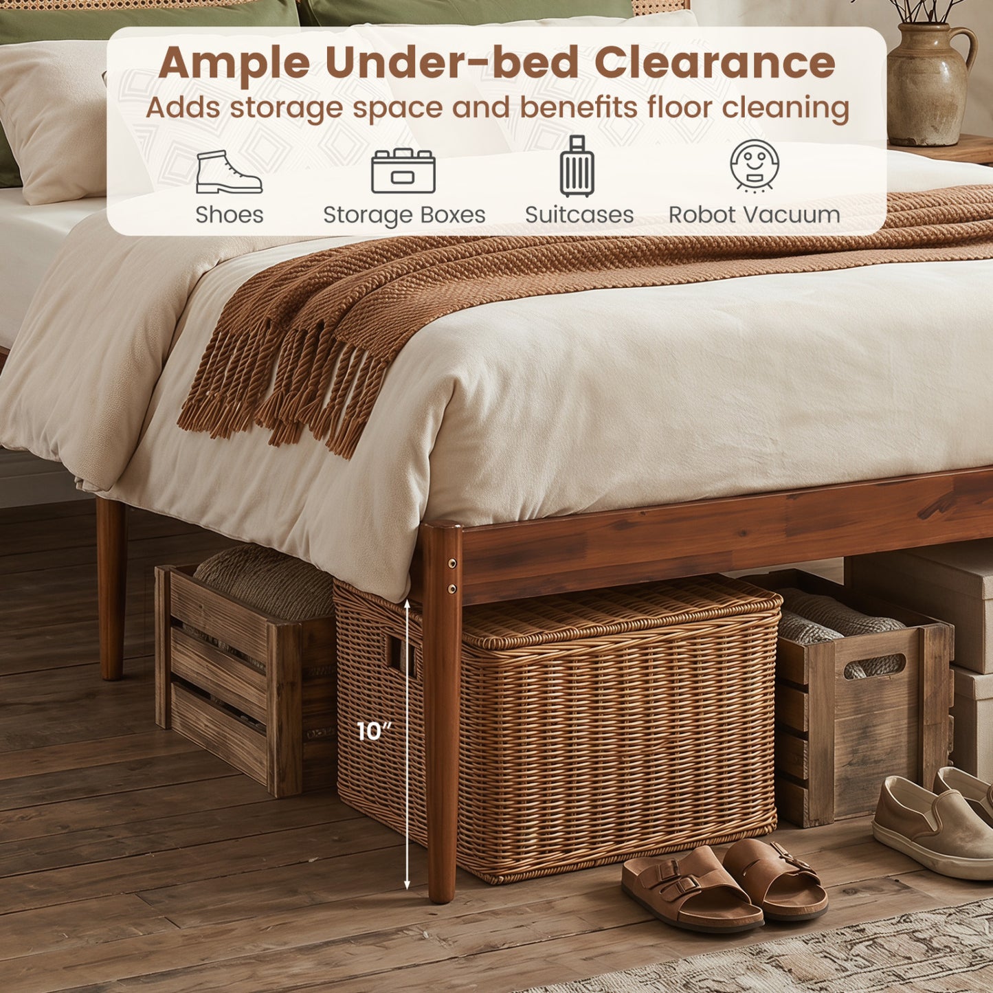 Wooden Boho Rattan Bed Frame