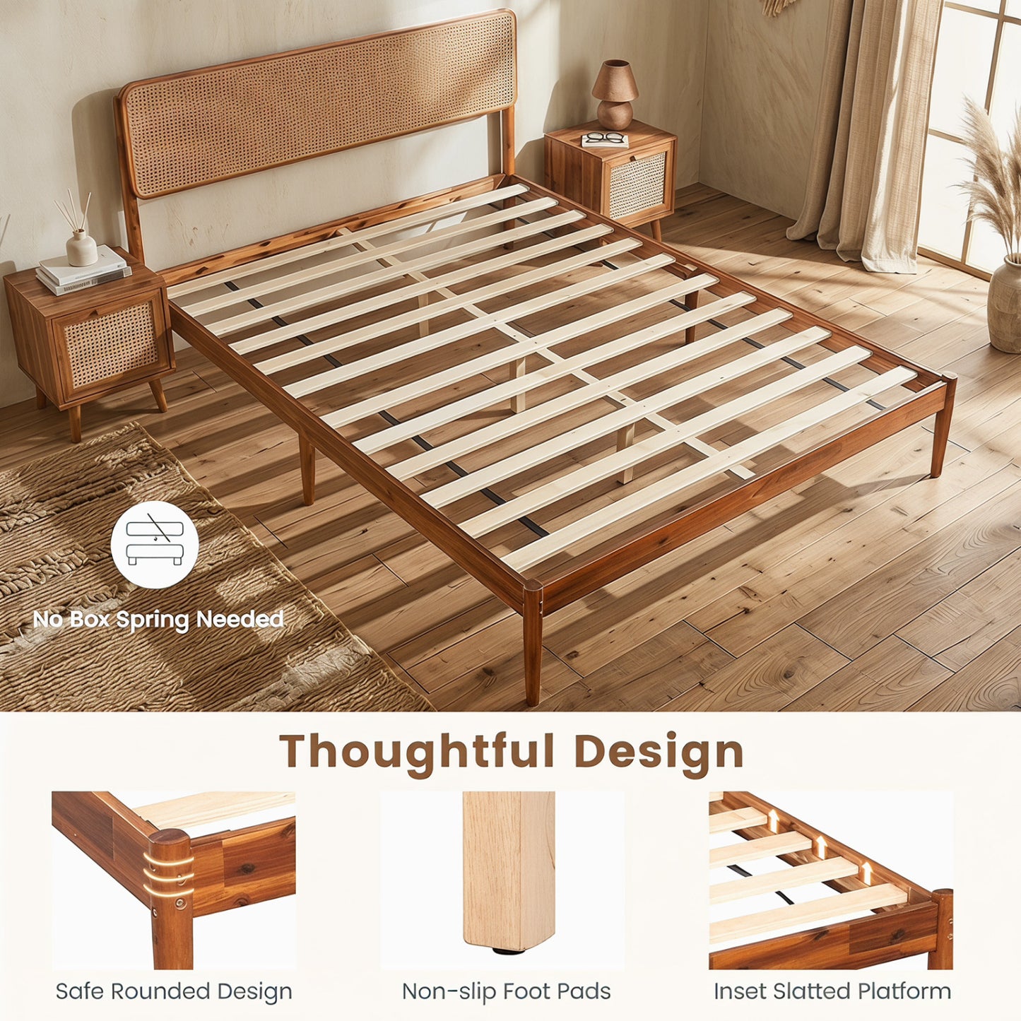 Wooden Boho Rattan Bed Frame