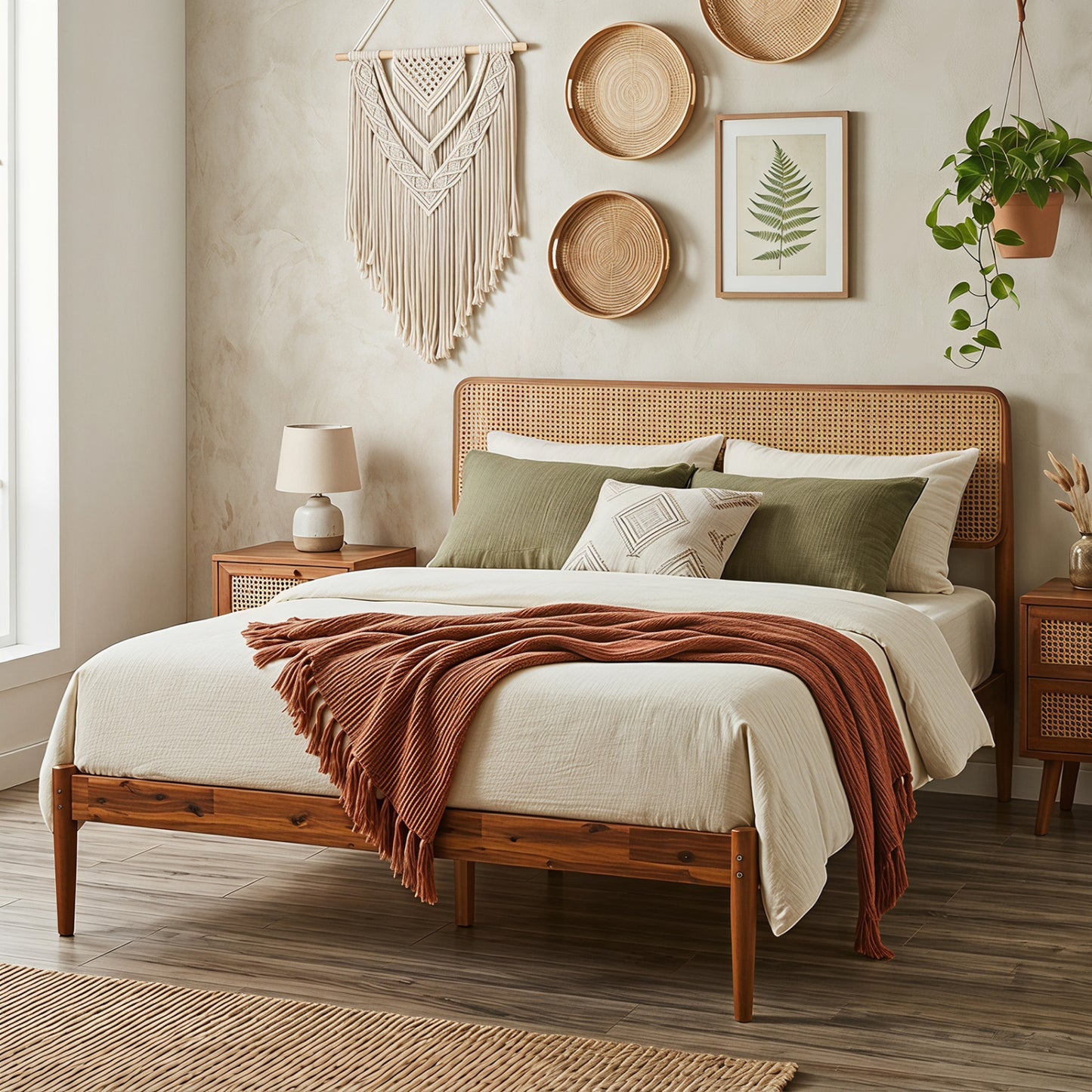 Full Rattan Wooden Bed Frame with Slat Support, Brown