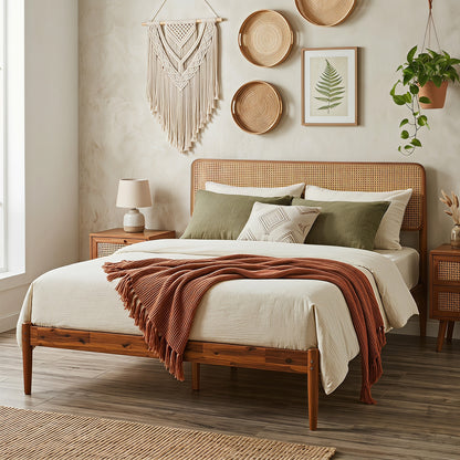 Full Rattan Wooden Bed Frame with Slat Support, Brown