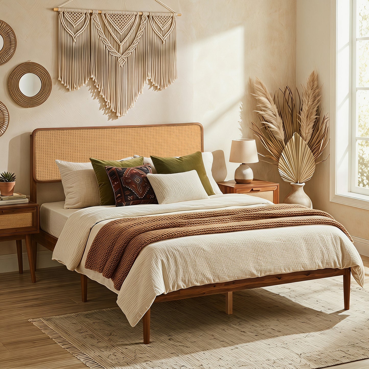Full Rattan Wooden Bed Frame with Slat Support, Brown