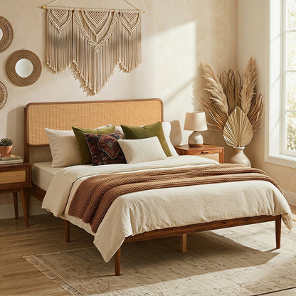 Full Rattan Wooden Bed Frame with Slat Support, Brown