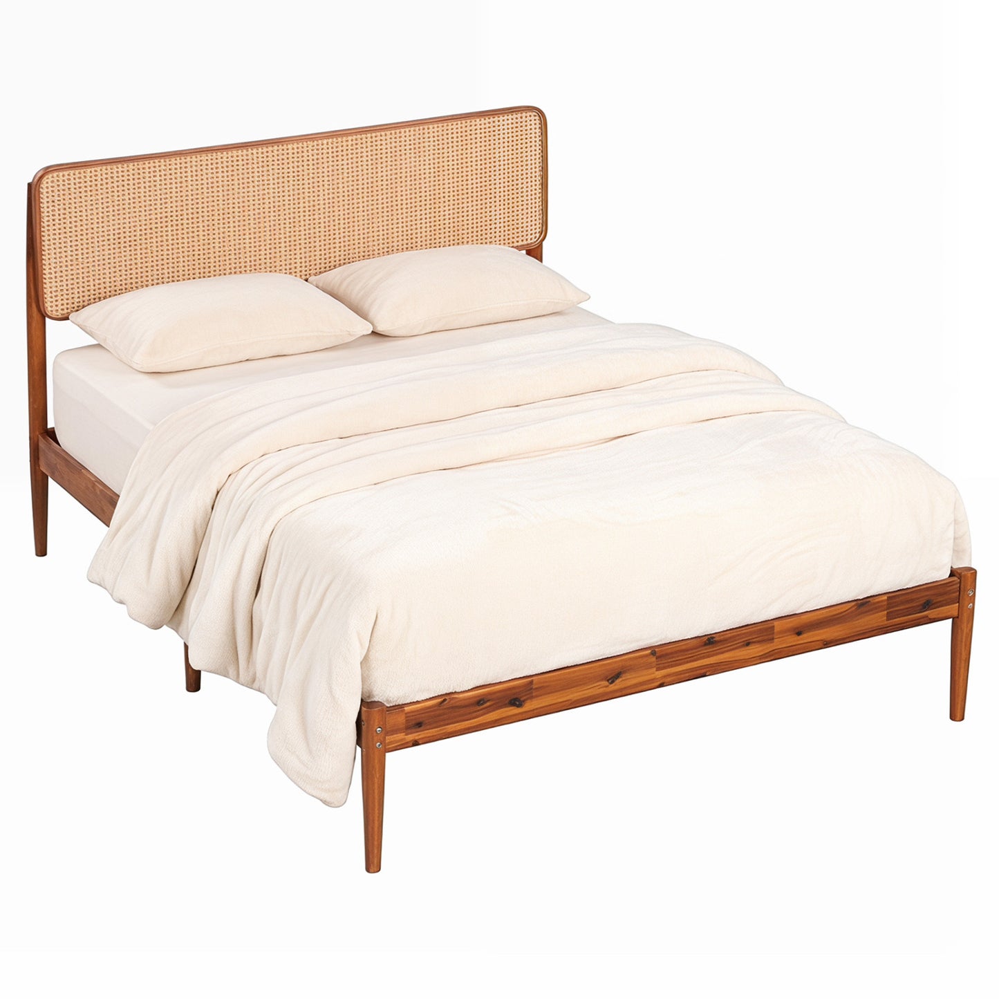 Full Rattan Wooden Bed Frame with Slat Support, Brown