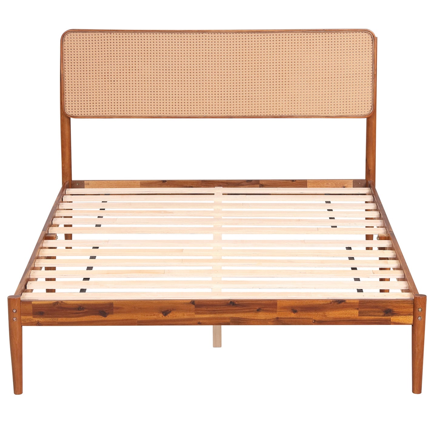 Full Rattan Wooden Bed Frame with Slat Support, Brown