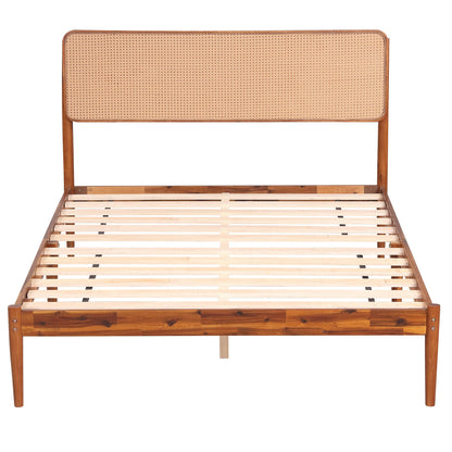 Full Rattan Wooden Bed Frame with Slat Support, Brown