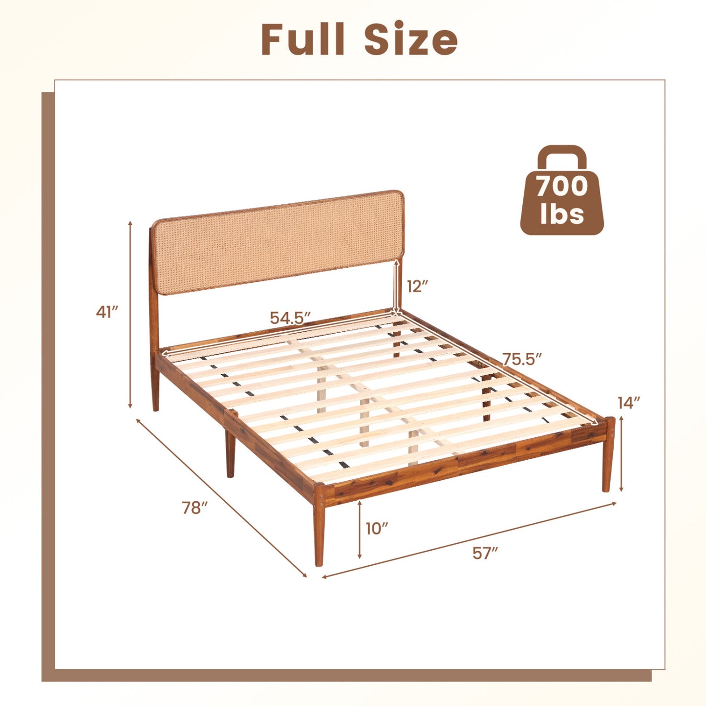 Full Rattan Wooden Bed Frame with Slat Support, Brown
