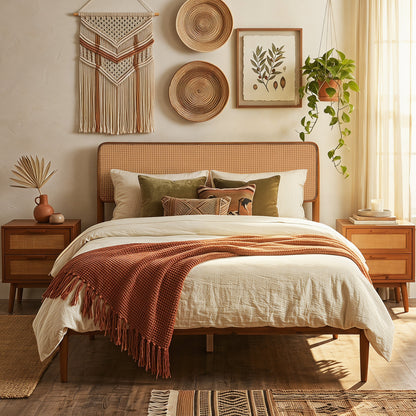 Full Rattan Wooden Bed Frame with Slat Support, Brown
