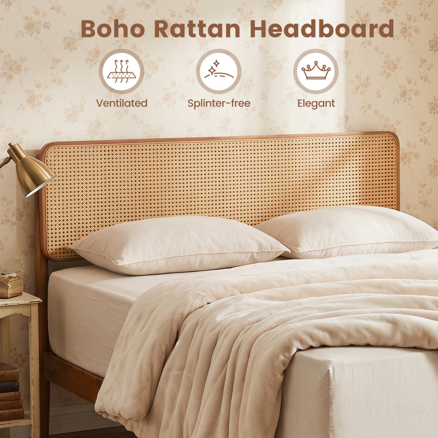 Full Rattan Wooden Bed Frame with Slat Support, Brown