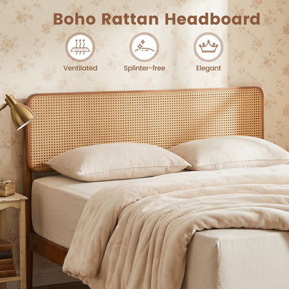 Full Rattan Wooden Bed Frame with Slat Support, Brown