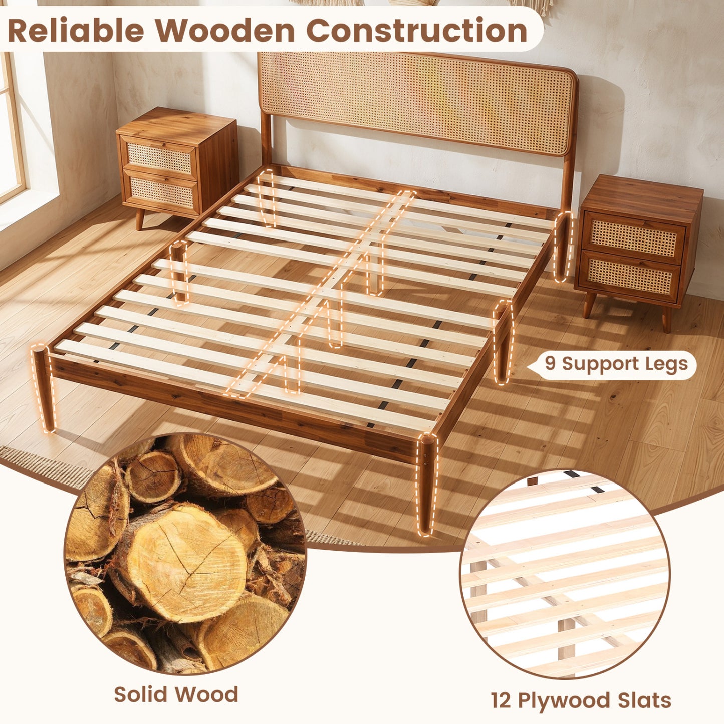 Full Rattan Wooden Bed Frame with Slat Support, Brown