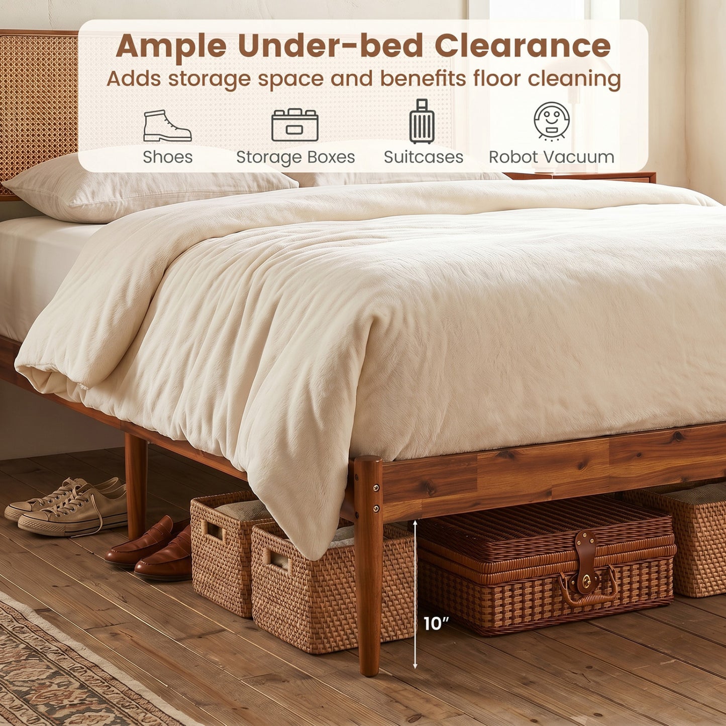 Full Rattan Wooden Bed Frame with Slat Support, Brown