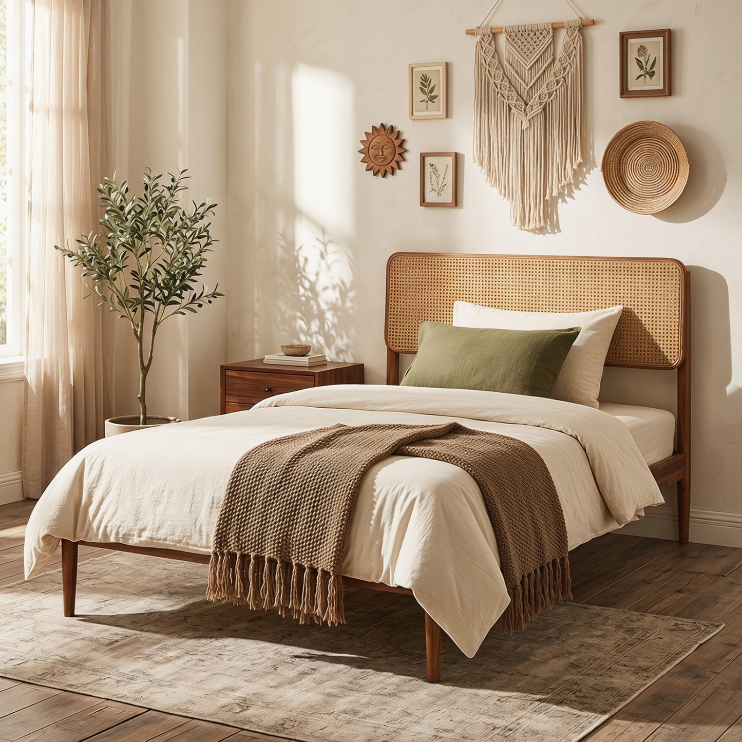 Wooden Boho Rattan Bed Frame, Twin, Brown