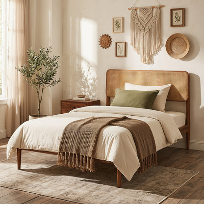 Wooden Boho Rattan Bed Frame, Twin, Brown