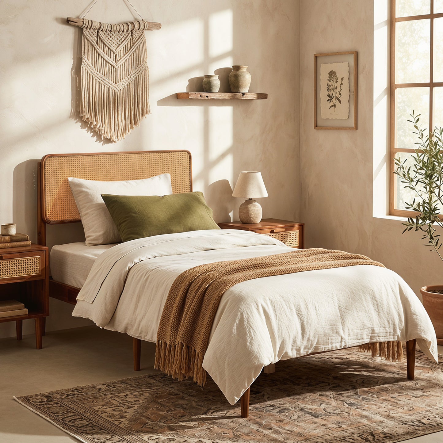 Wooden Boho Rattan Bed Frame, Twin, Brown