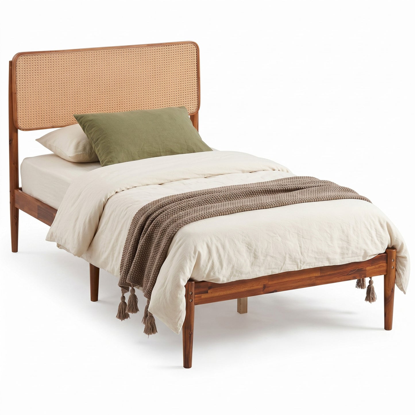 Wooden Boho Rattan Bed Frame, Twin, Brown