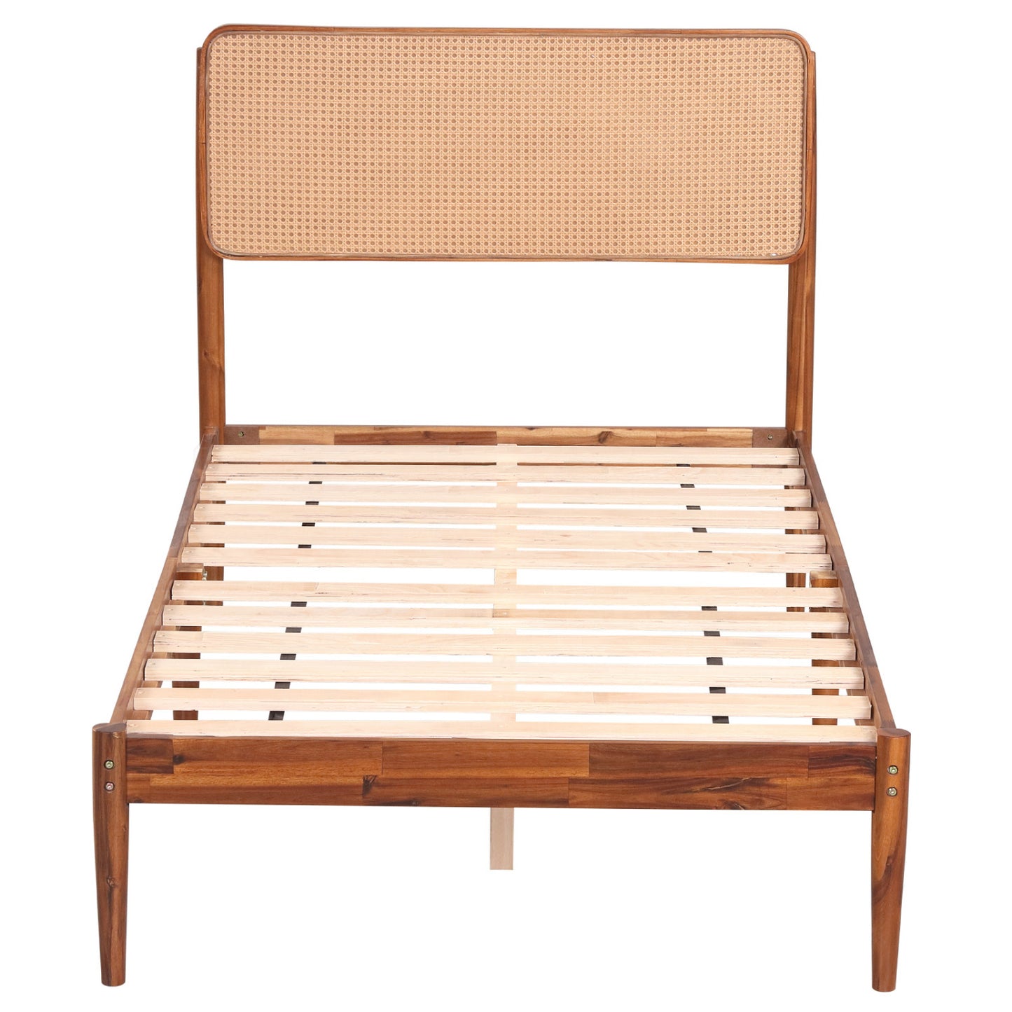 Wooden Boho Rattan Bed Frame, Twin, Brown