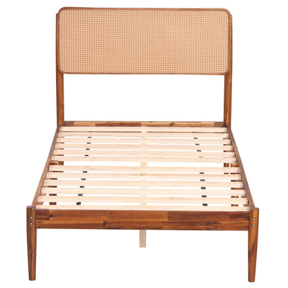 Wooden Boho Rattan Bed Frame, Twin, Brown