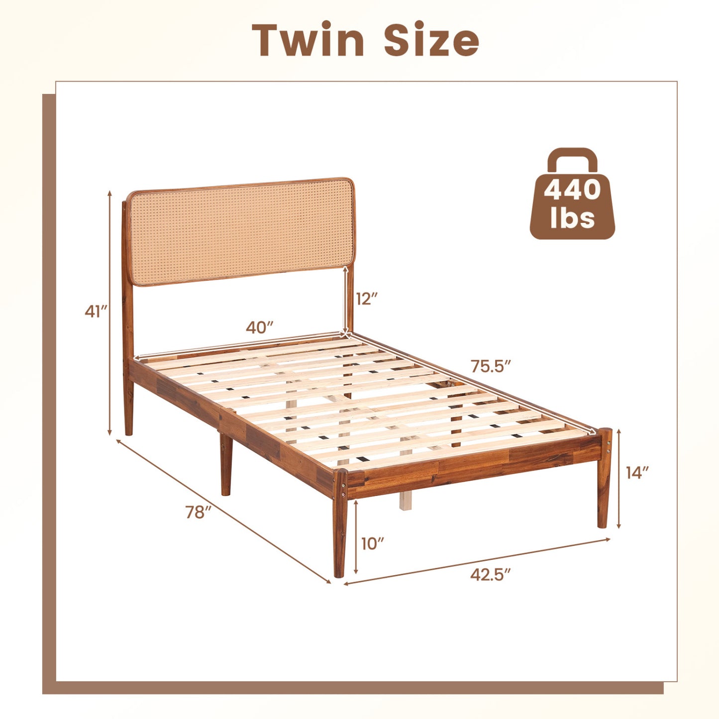 Wooden Boho Rattan Bed Frame, Twin, Brown