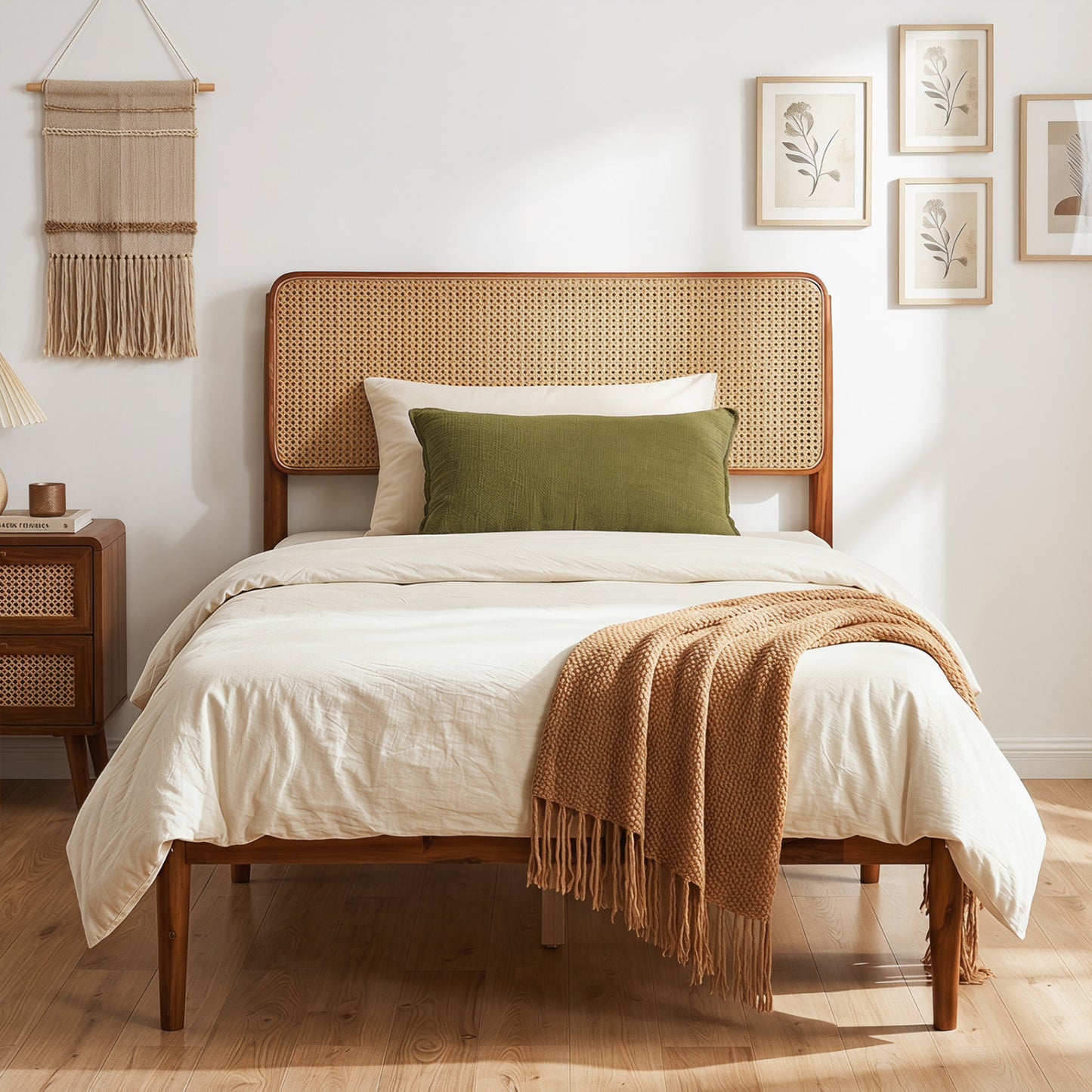 Wooden Boho Rattan Bed Frame, Twin, Brown