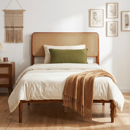 Wooden Boho Rattan Bed Frame, Twin, Brown
