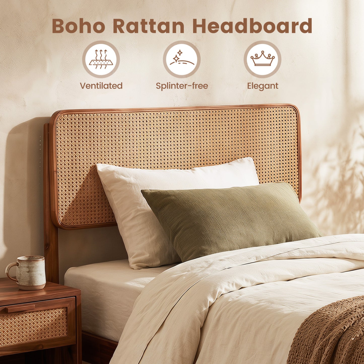 Wooden Boho Rattan Bed Frame, Twin, Brown