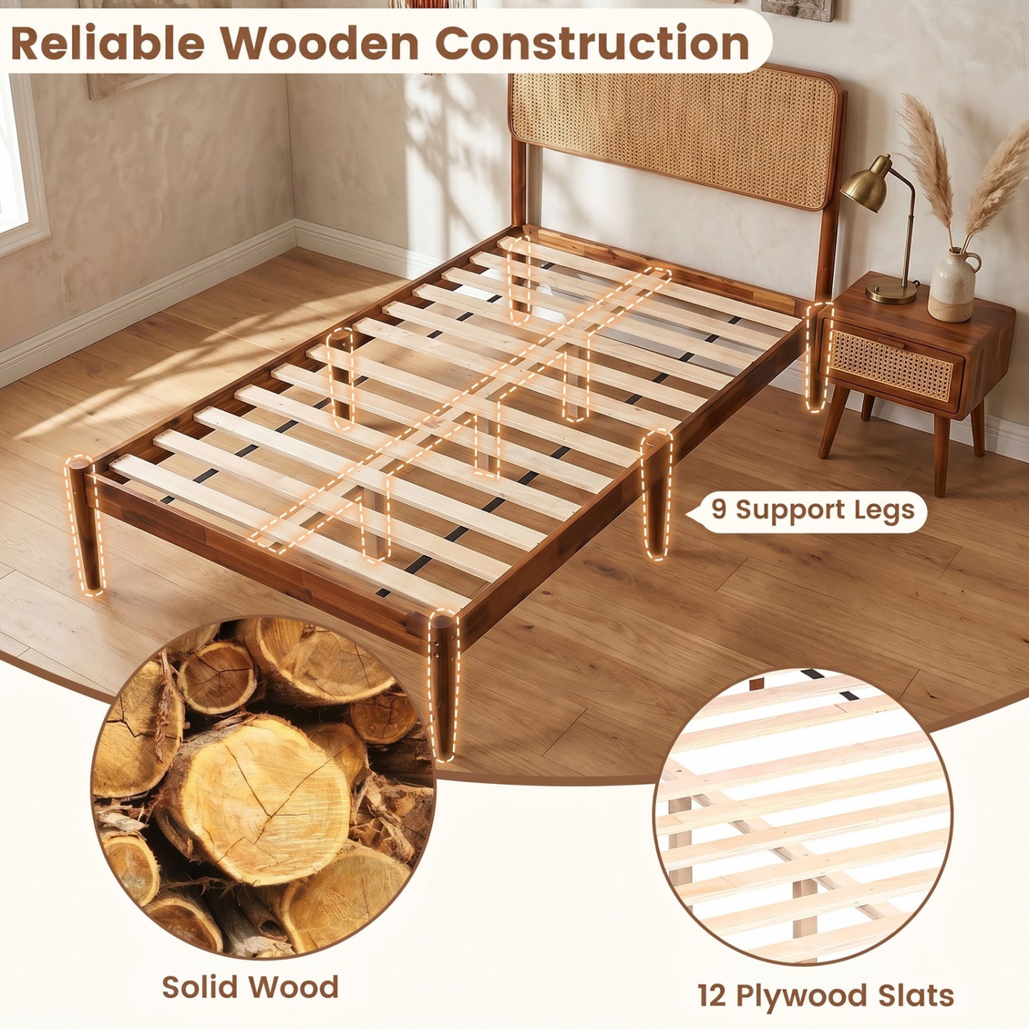 Wooden Boho Rattan Bed Frame, Twin, Brown