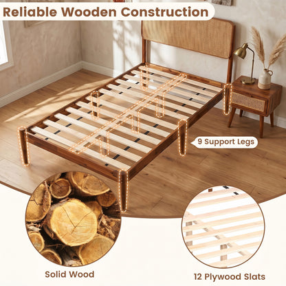 Wooden Boho Rattan Bed Frame, Twin, Brown