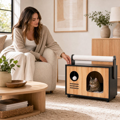 Wooden Cat House with Scratching Post, Black