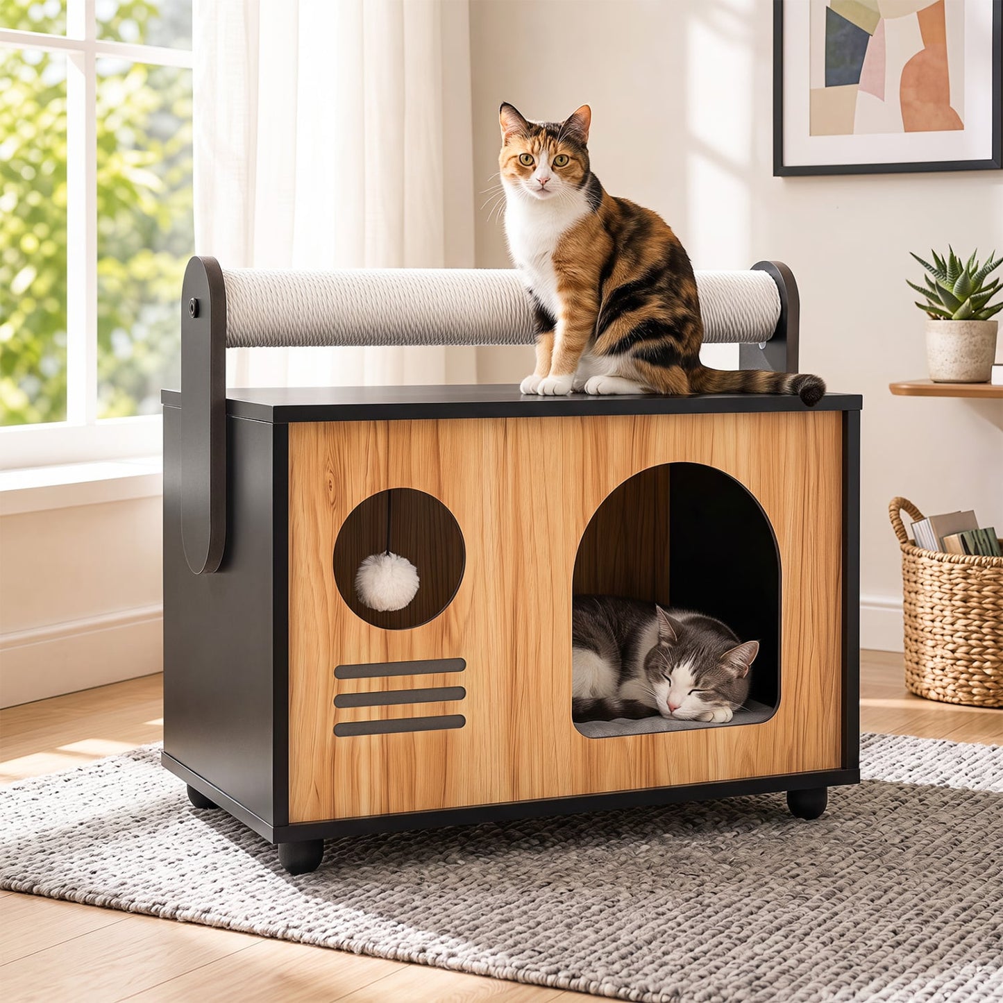 Wooden Cat House with Scratching Post, Black