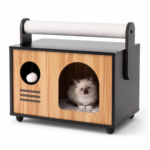 Wooden Cat House with Scratching Post, Black