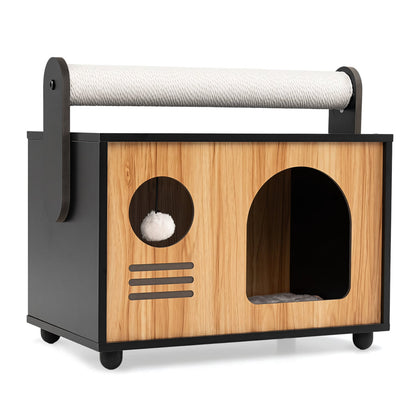 Wooden Cat House with Scratching Post, Black