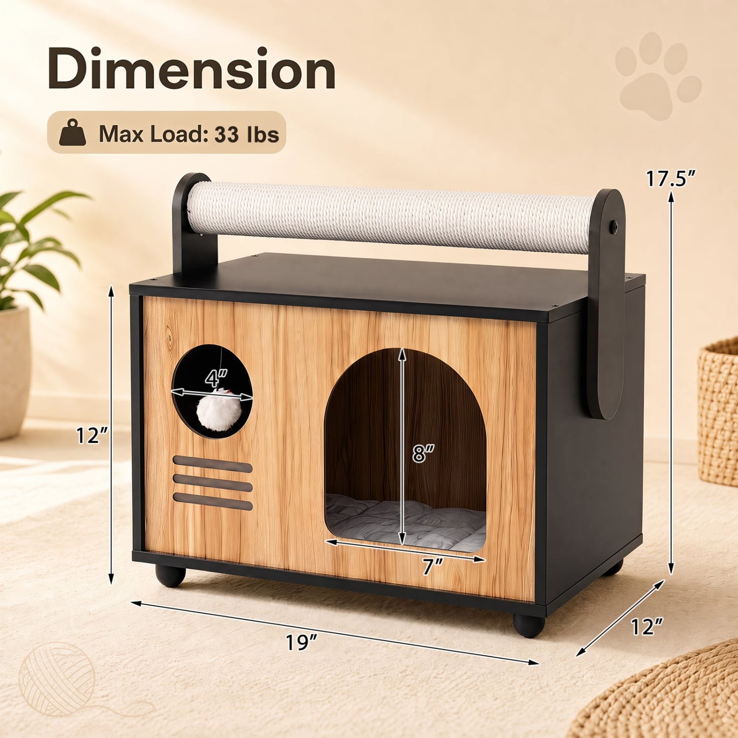 Wooden Cat House with Scratching Post, Black