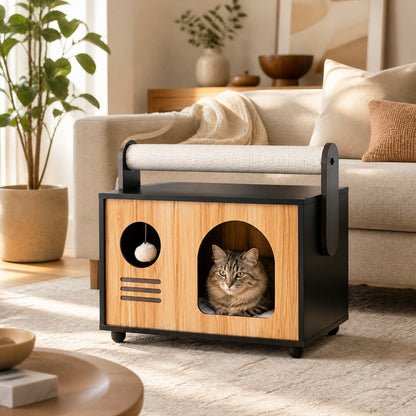 Wooden Cat House with Scratching Post, Black