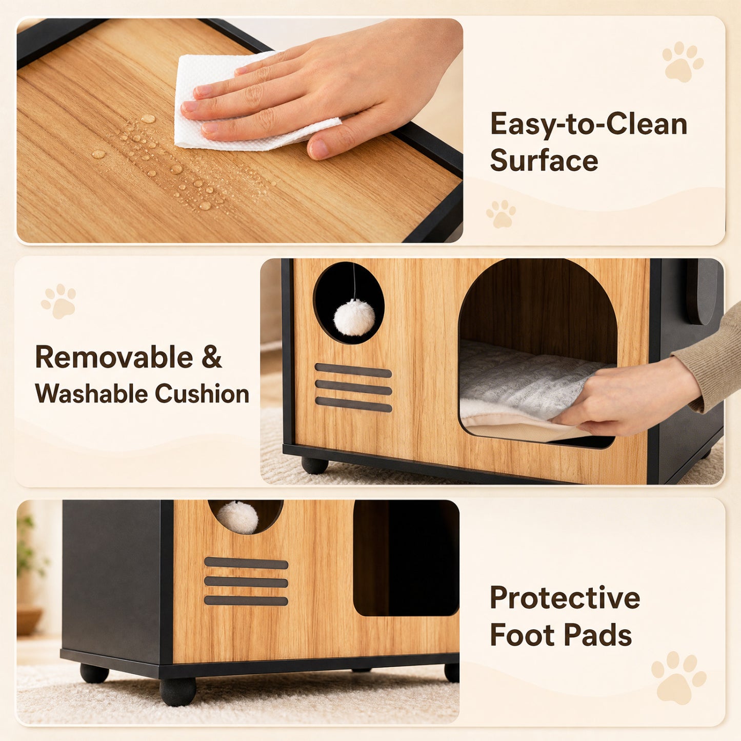 Wooden Cat House with Scratching Post, Black