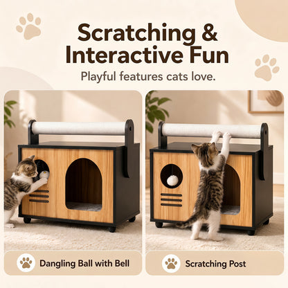 Wooden Cat House with Scratching Post, Black