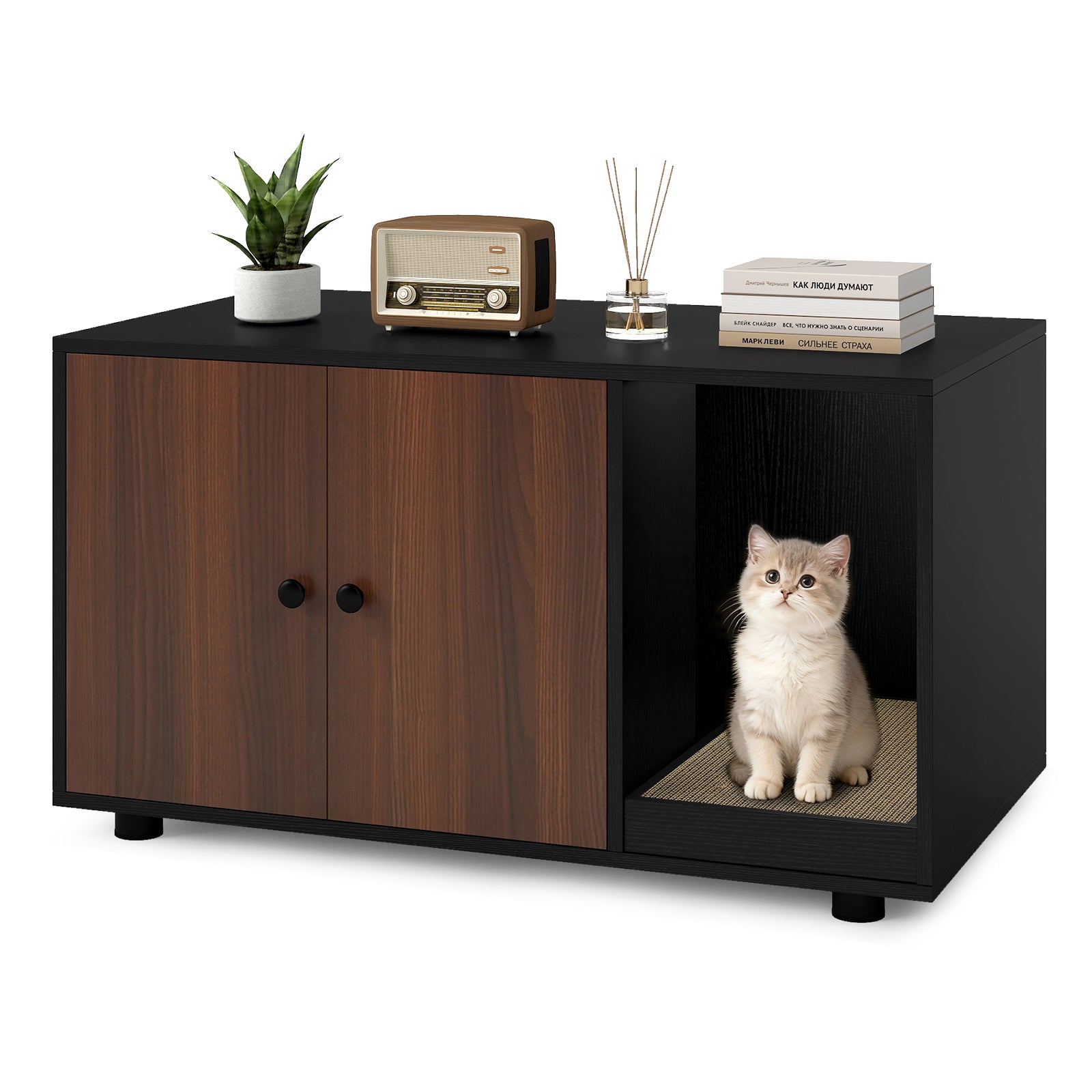 Wooden Cat Litter Box Enclosure Hidden Litter Box Furniture with Scratching Board, Black Cat Houses Black at Gallery Canada