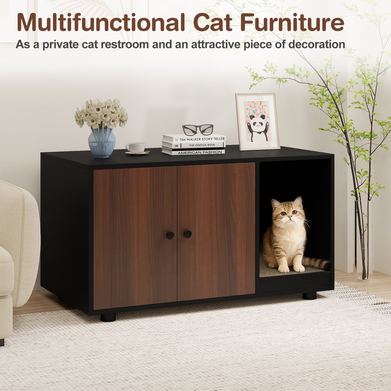 Wooden Cat Litter Box Enclosure Hidden Litter Box Furniture with Scratching Board, Black Cat Houses at Gallery Canada