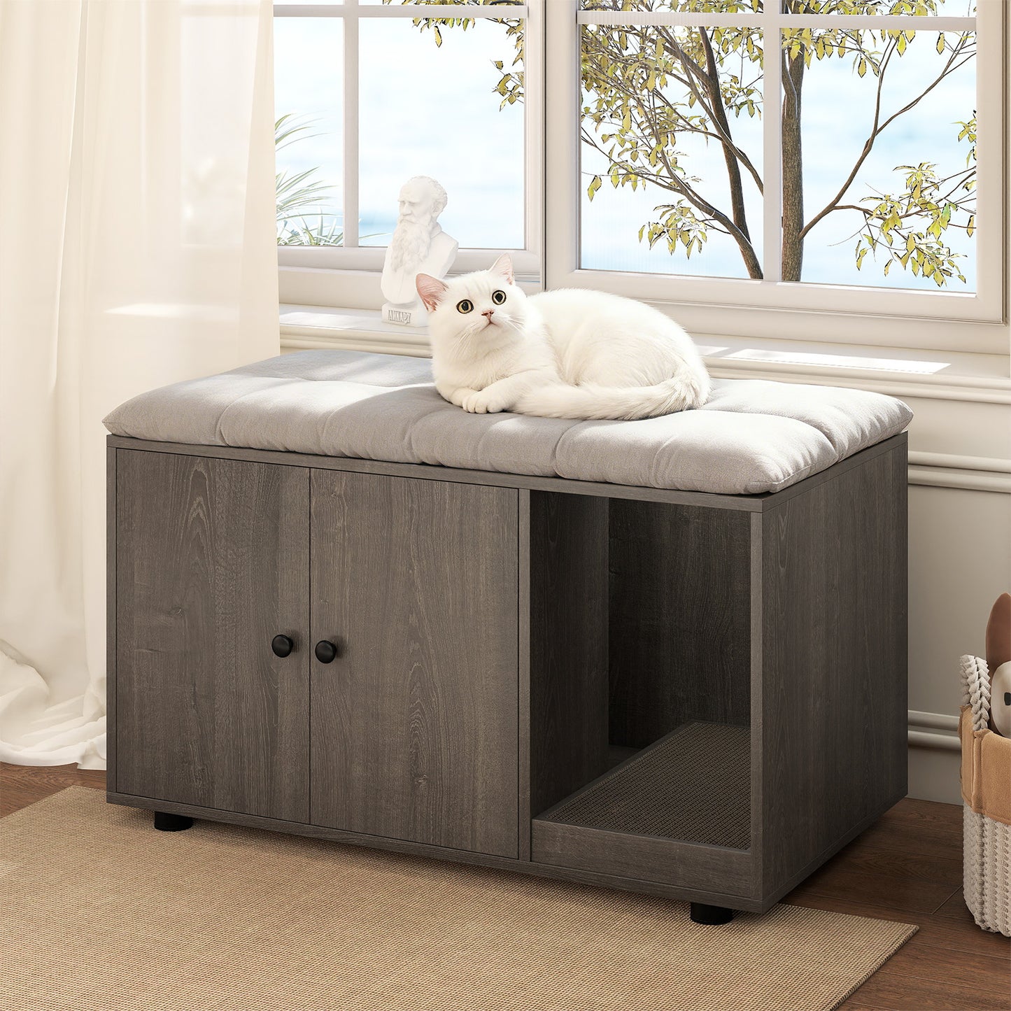 Wooden Cat Litter Box Enclosure Hidden Litter Box Furniture with Scratching Board, Oak Cat Houses at Gallery Canada