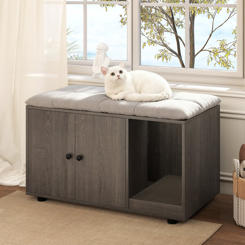 Wooden Cat Litter Box Enclosure Hidden Litter Box Furniture with Scratching Board, Oak
