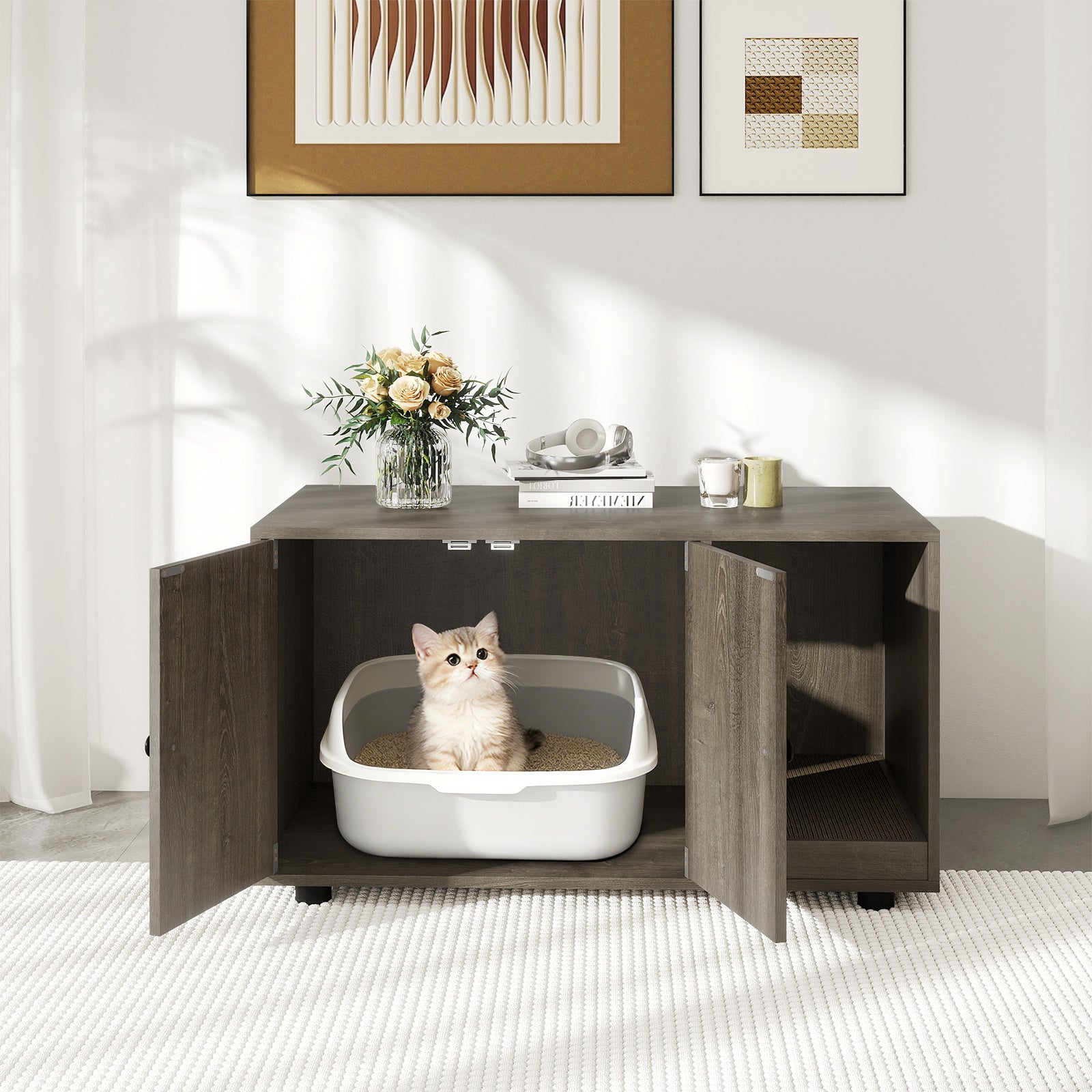 Wooden Cat Litter Box Enclosure Hidden Litter Box Furniture with Scratching Board, Oak Cat Houses at Gallery Canada