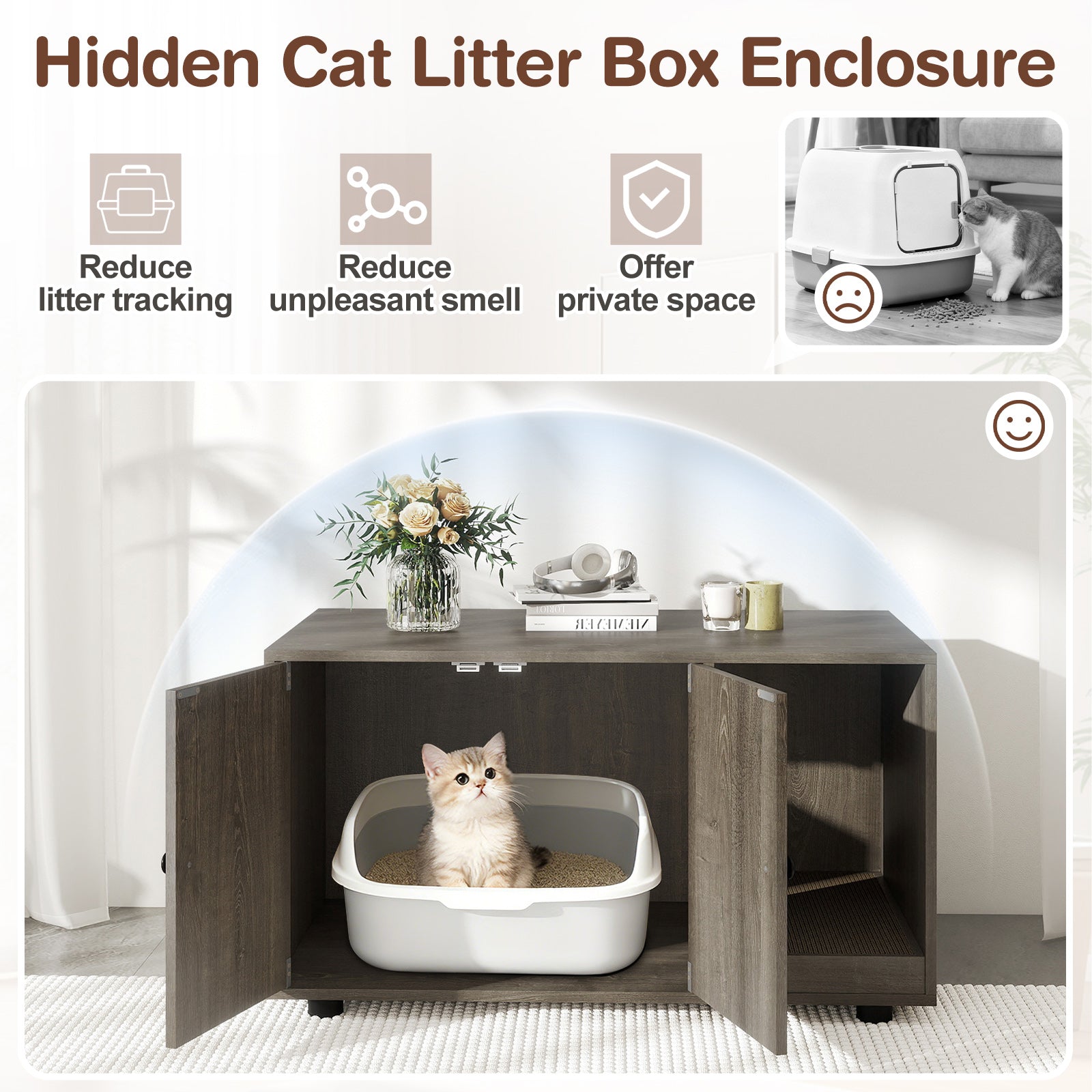 Wooden Cat Litter Box Enclosure Hidden Litter Box Furniture with Scratching Board, Oak Cat Houses at Gallery Canada