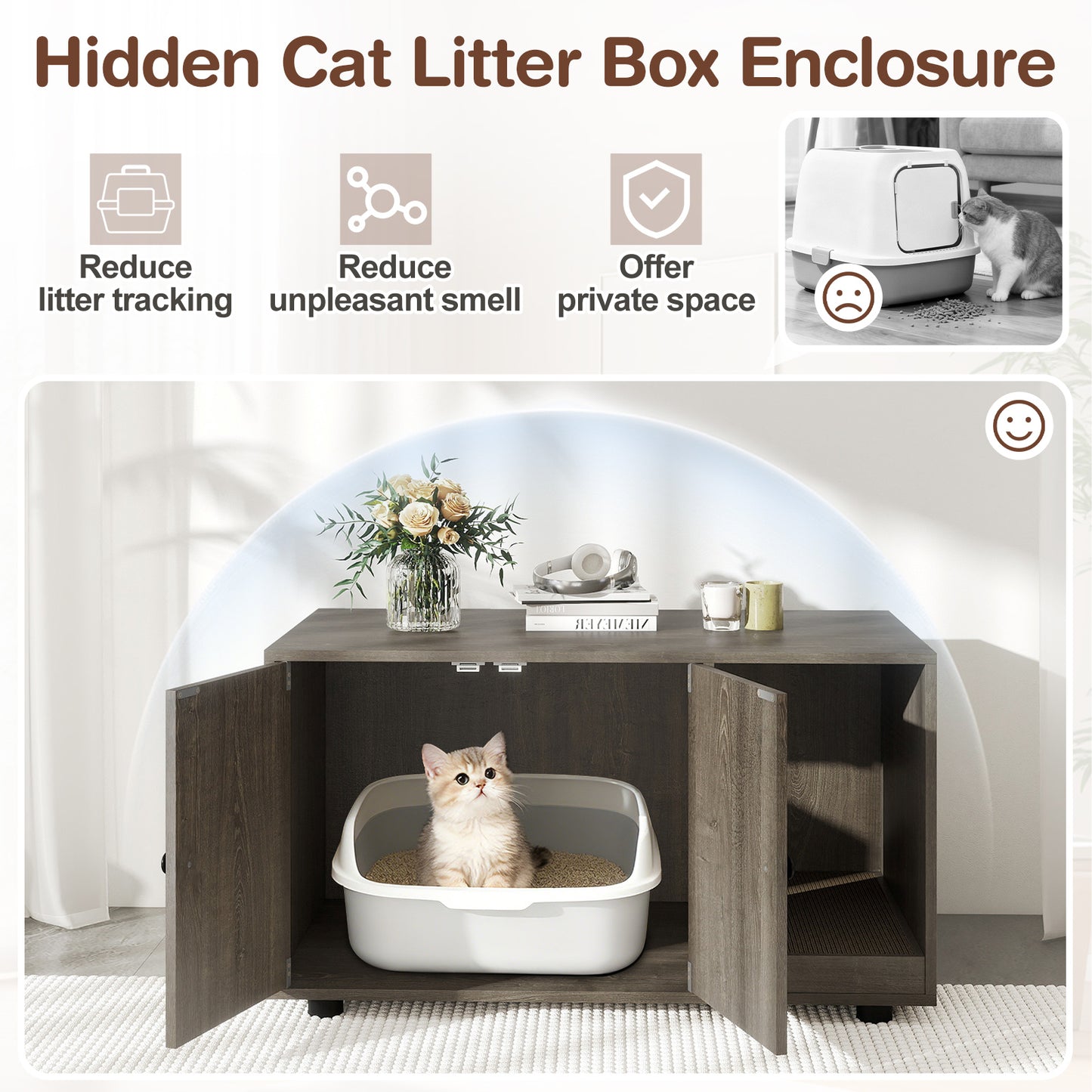 Wooden Cat Litter Box Enclosure Hidden Litter Box Furniture with Scratching Board, Oak Cat Houses at Gallery Canada