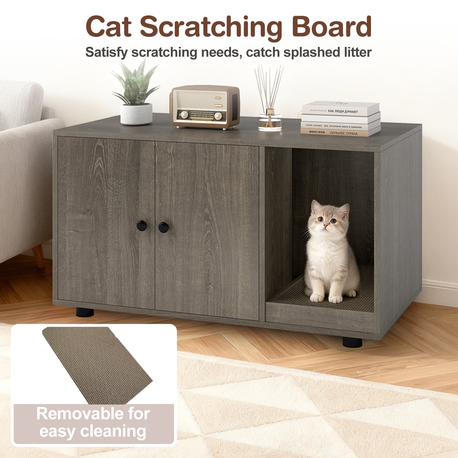 Wooden Cat Litter Box Enclosure Hidden Litter Box Furniture with Scratching Board, Oak Cat Houses at Gallery Canada