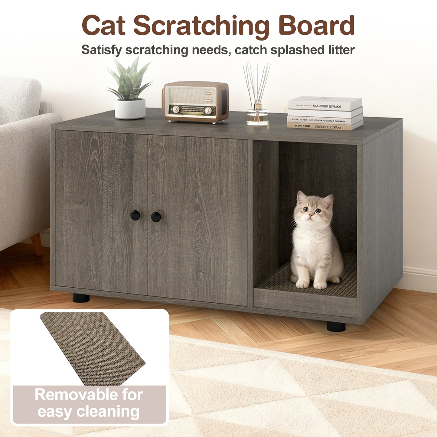 Wooden Cat Litter Box Enclosure Hidden Litter Box Furniture with Scratching Board, Oak Cat Houses at Gallery Canada
