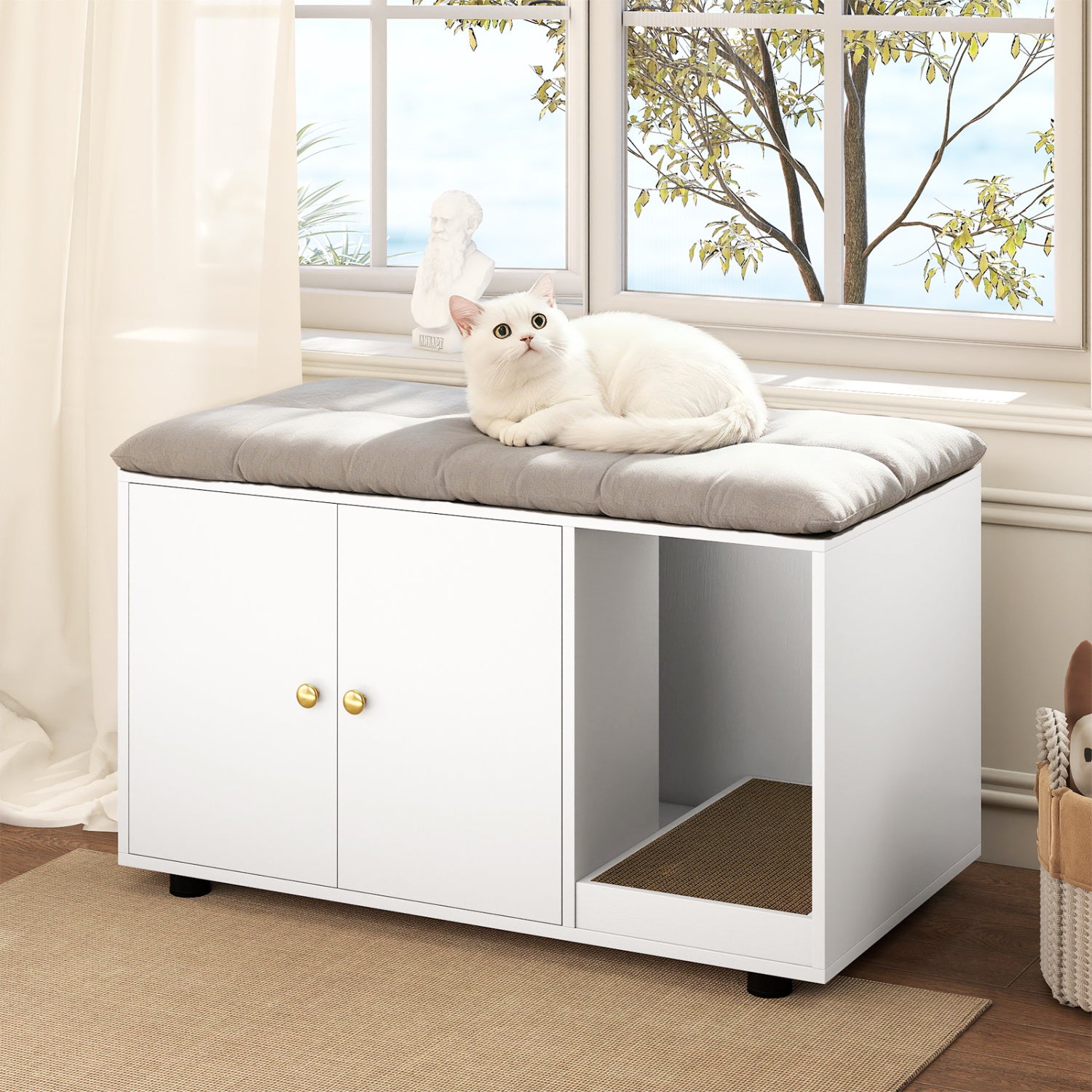 Wooden Cat Litter Box Enclosure, With Scratching Board, White Cat Houses at Gallery Canada