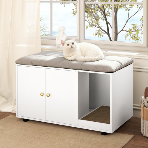 Wooden Cat Litter Box Enclosure, With Scratching Board, White