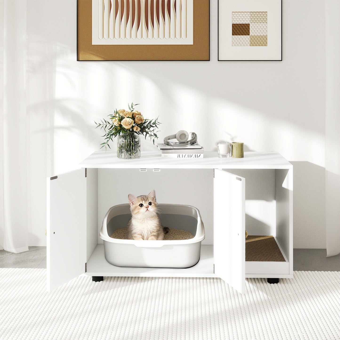 Wooden Cat Litter Box Enclosure, With Scratching Board, White Cat Houses at Gallery Canada